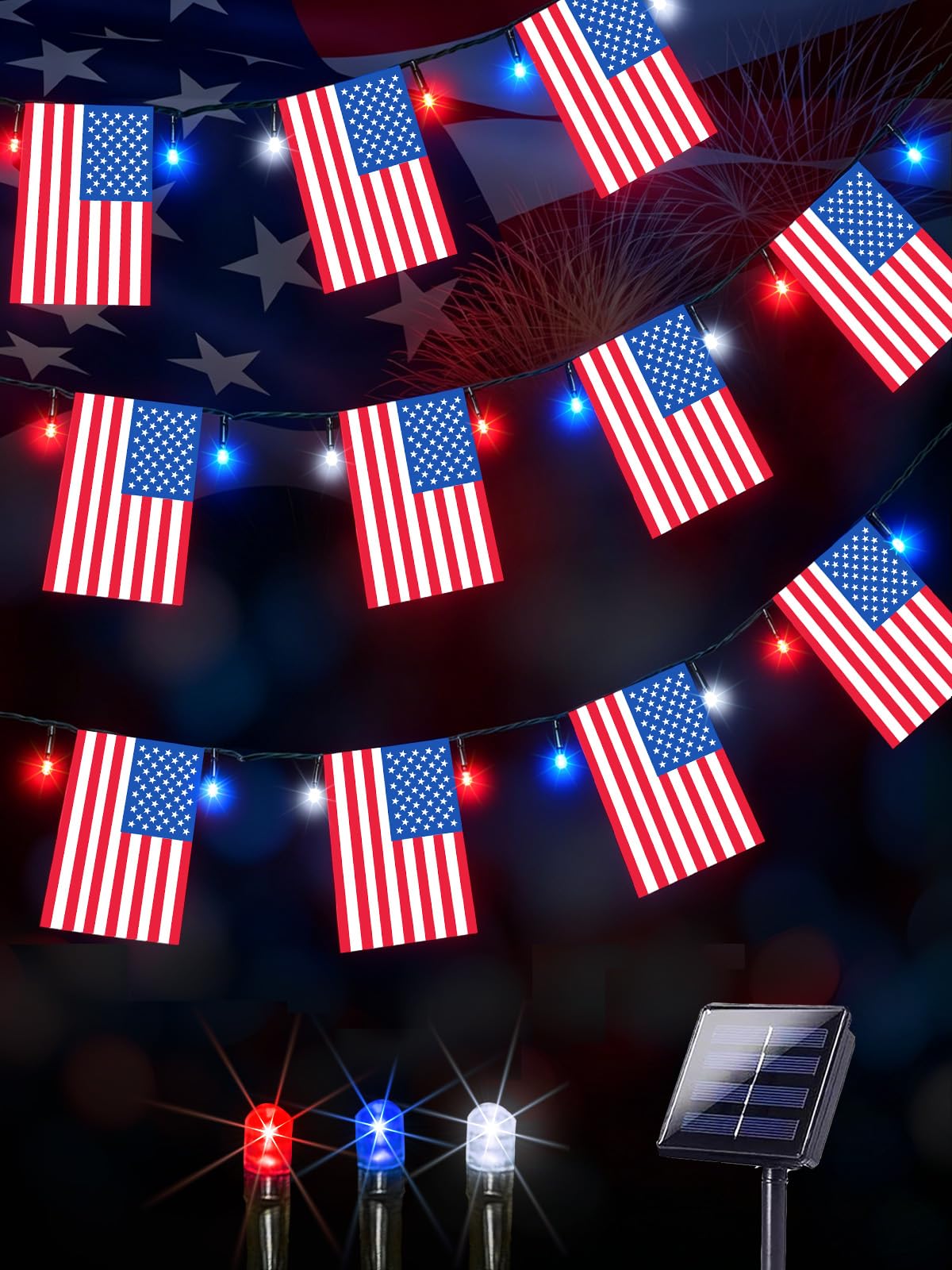 4th of July Decorations, Solar American Flag Lights Outdoor with 8 Modes, 18.8FT 25 USA Flags & 50 Red White and Blue LEDs Patriotic String Lights Waterproof for Independence Day 250th Anniversary