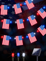 4th of July Decorations, Solar American Flag Lights Outdoor with 8 Modes, 18.8FT 25 USA Flags & 50 Red White and Blue LEDs Patriotic String Lights Waterproof for Independence Day 250th Anniversary
