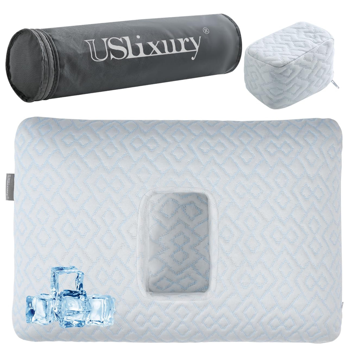 USlixury Piercing Pillow with Foam Plug - Piercing Pillow with Off Center and 4.7"X3.2" Ear Hole, Soft CertiPUR-US Memory Foam, Firm Support for Side Sleepers, Cooling, Traveling, 16"X11"X4''