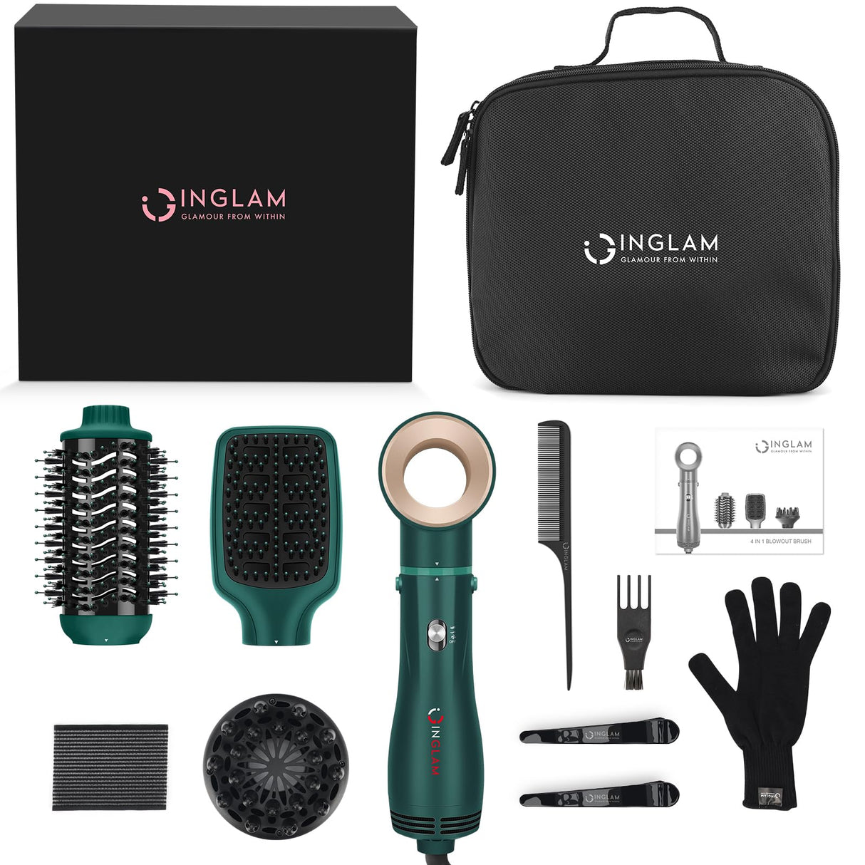 IG INGLAM Hair Dryer Brush, 4-in-1 Detachable Blow Dryer Brush, Ionic Diffuser Hair Dryer & Styler Volumizer with Oval Titanium Barrel, One-Step Hot Air Blowout Brush, Updated Push Switch, Dark Green