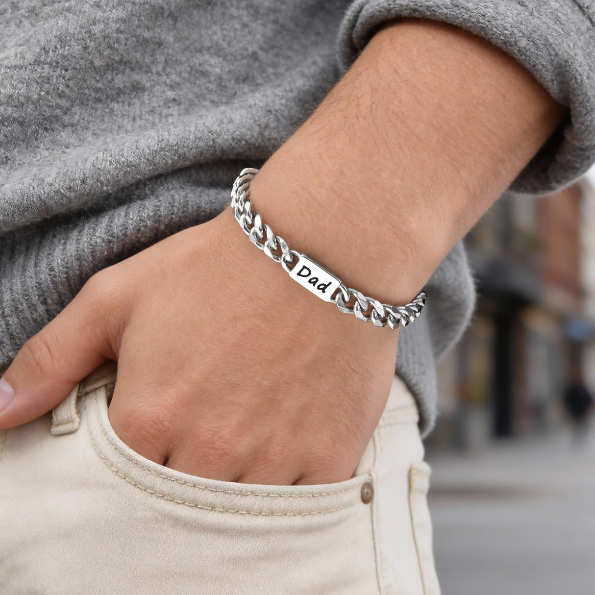 Fathers Day Gift Bracelet for Dad - Stainless Steel Cuban Chain Link Bracelet Gifts for Men Dad from Son Daughter Classic Hip Hop Anniversary Personalized FatherJewelry Gifts for Him Husband Boyfriend