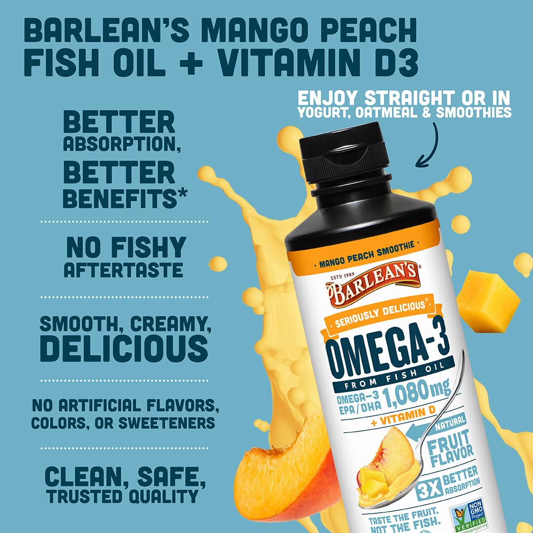 Barlean's Omega 3 Fish Oil Liquid Supplement with Vitamin D for Men and Women, 1080mg of EPA and DHA Fatty Acid, Promotes Brain & Heart Health - Non-GMO, Mango Peach, 16 oz