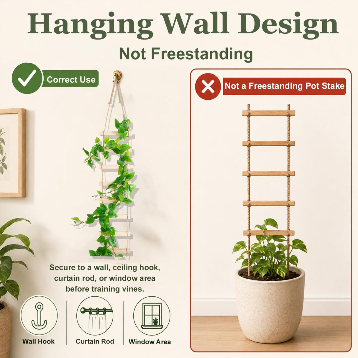 Wooden Ladder Plant Trellis for Climbing Plants – 6ft Extra Tall Indoor & Outdoor Hanging Wall Wooden Trellis Garden Plant Support, Easy to Install for Vines, Ivy, Pothos, Potted Plants