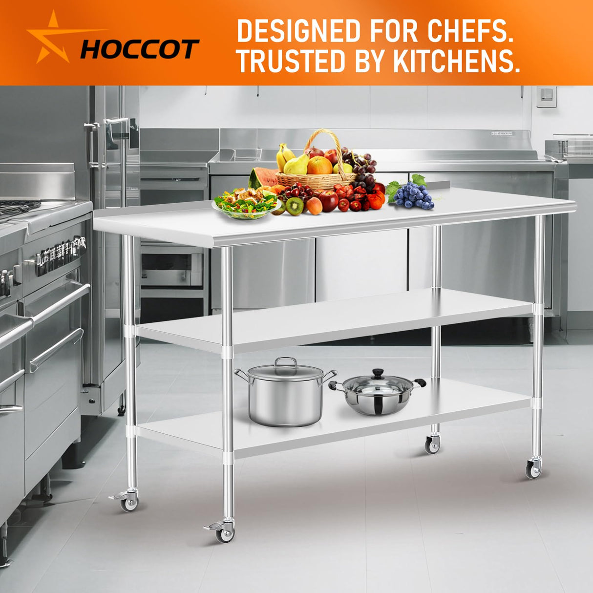 HOCCOT Stainless Steel Prep Table 24" X 60" with 2 Adjustable Undershelves, Backsplash and Wheels, Commercial Metal Workstations for Kitchen, Garage, Outdoor BBQ