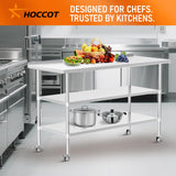 HOCCOT Stainless Steel Prep Table 24" X 60" with 2 Adjustable Undershelves, Backsplash and Wheels, Commercial Metal Workstations for Kitchen, Garage, Outdoor BBQ