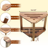 IBosins Corner Shower Stool with Storage Shelf Shower Foot Rest for Shaving Legs Small Bench for Inside Shower to Sit on Bath Seat - Acacia Wood
