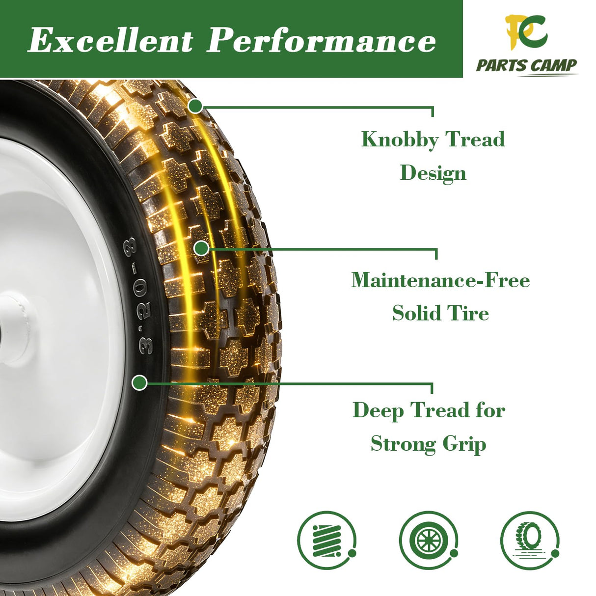 Parts Camp Wheelbarrow Tires,3.50-8" Flat-free Solid Tire and Wheel,Universal Fit 14.5" Wheelbarrow Tire For Garden Carts/Wheelbarrows/Trolley Dolly With 5/8" Axle Bore Hole,3" Centered Hub(2 Pack)