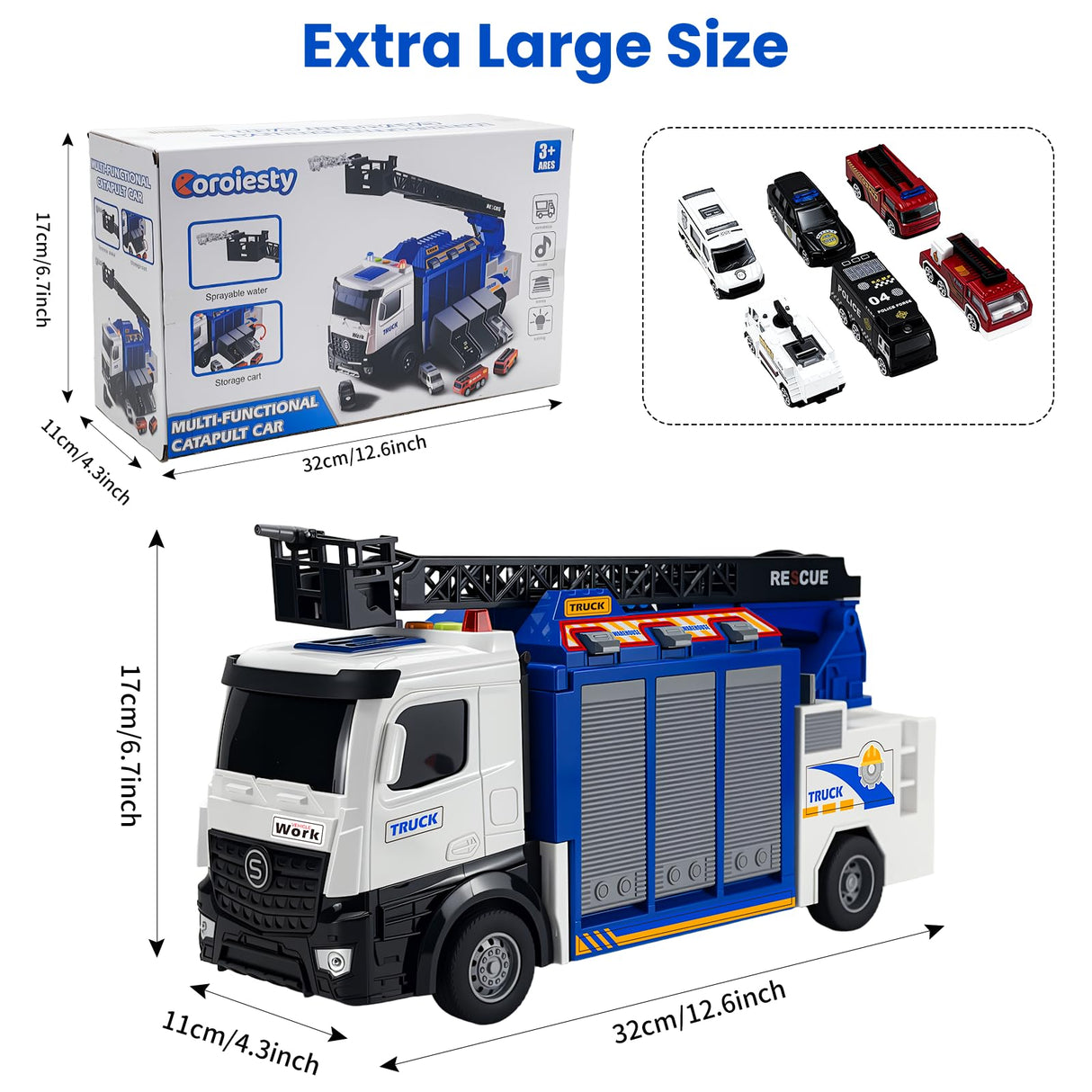 3-in-1 Large Fire Truck Toy with Garage & 6 Cars, Water Pump, Extendable Ladder, Lights & Siren Sounds, Fire Rescue Truck Vehicle Toy for Boys Girls 3+, Christmas Birthday Gift