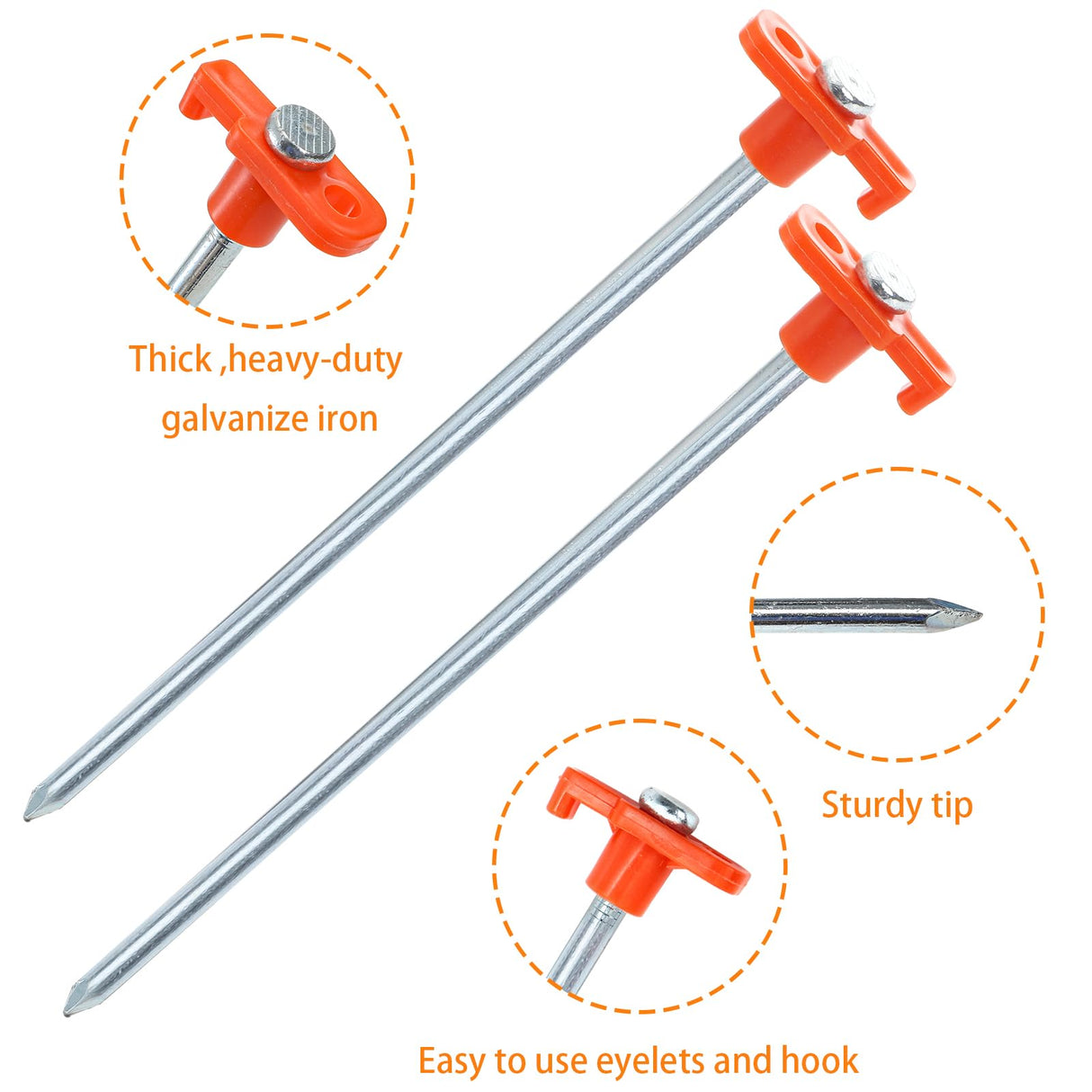 Yesland 24 Pack Tent Stake Heavy Duty, 10 Inch Non-Rust Metal Tent Pegs Ground Yard Stake Tent Spikes for Camping Patio, Garden, Canopies, Grassland, Outdoor, Hiking, Orange