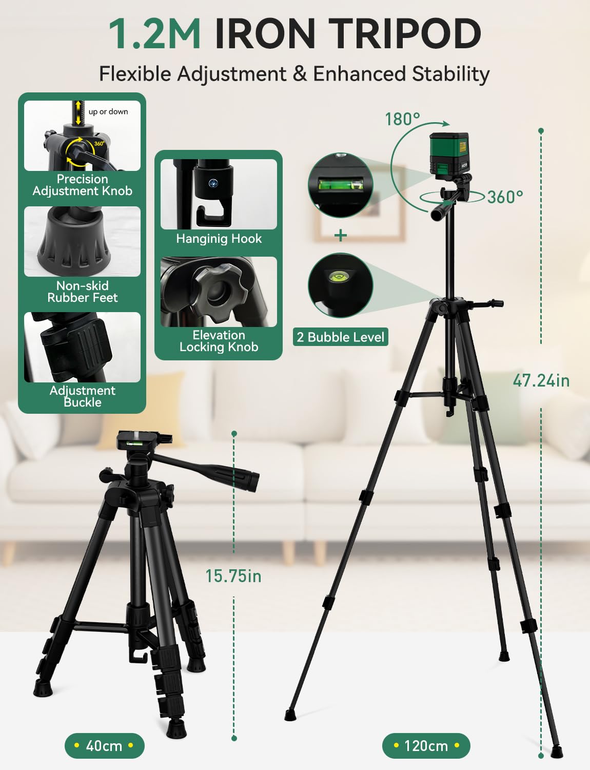 Nikotek Laser Level Self-Leveling Green Beam Horizontal and Vertical Crossline Laser for Home Decor Carrying Pouch, Tripod Battery Included (NK02GT2)