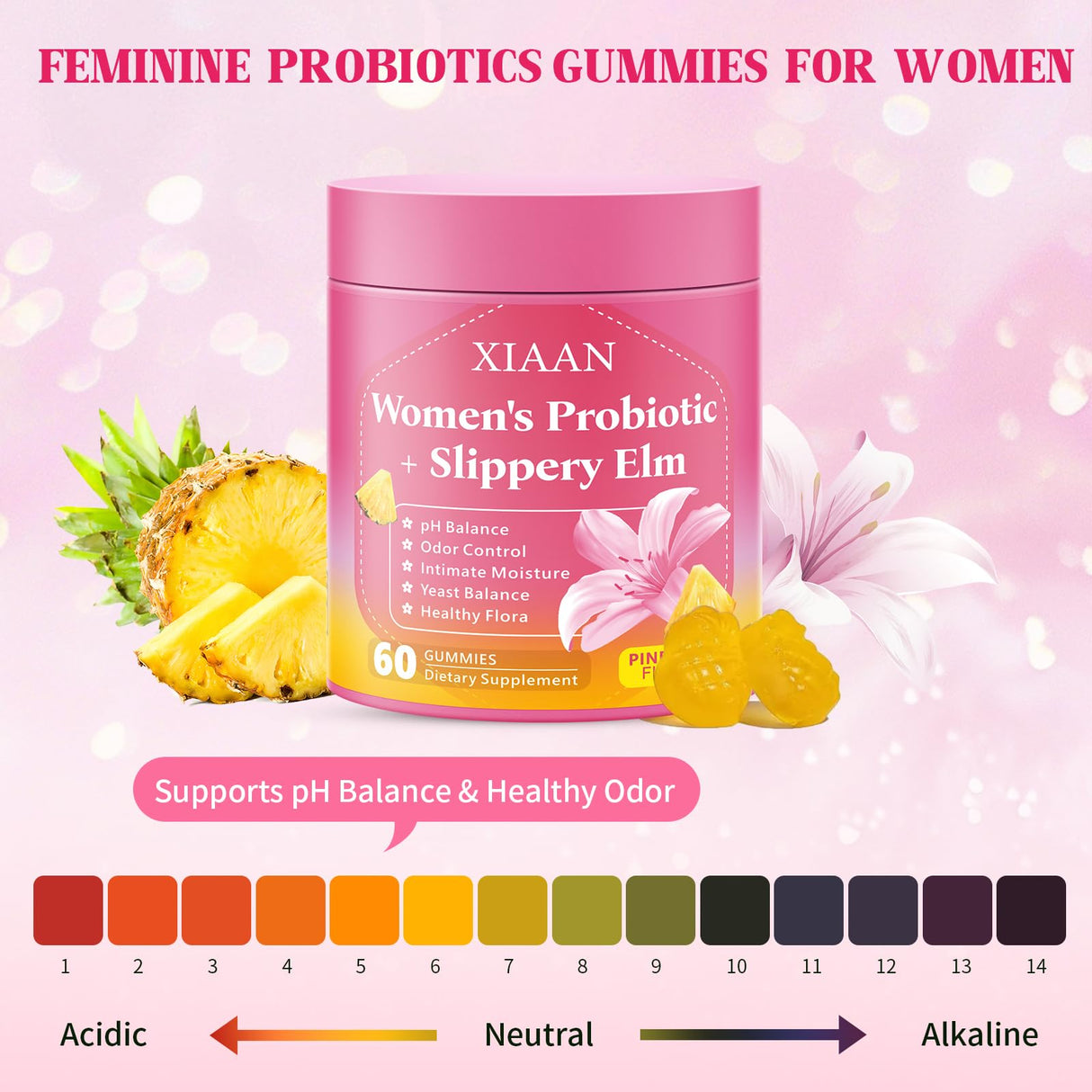 XIAAN Women Probiotic Slippery Elm Gummies, Her Juicy Feminine Probiotics Supports pH Balance & Immune System, Vaginal Probiotic Gummies, Suagr-Free, Veagn, Pineapple Flavor, 60 Count