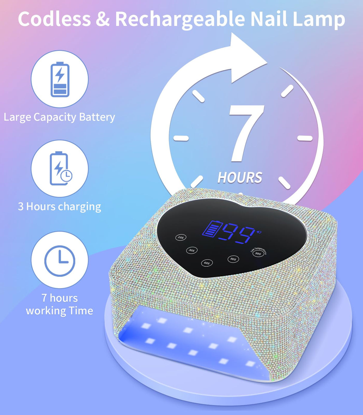 HUGMAPLE Cordless UV Nail Lamp for Gel Nails 72W, Rechargeable Diamond LED Nail Dryer with 5 Timer Setting, Touch Control & Auto Sensor, Fast Nail Light Curing Lamp for Salon & Home