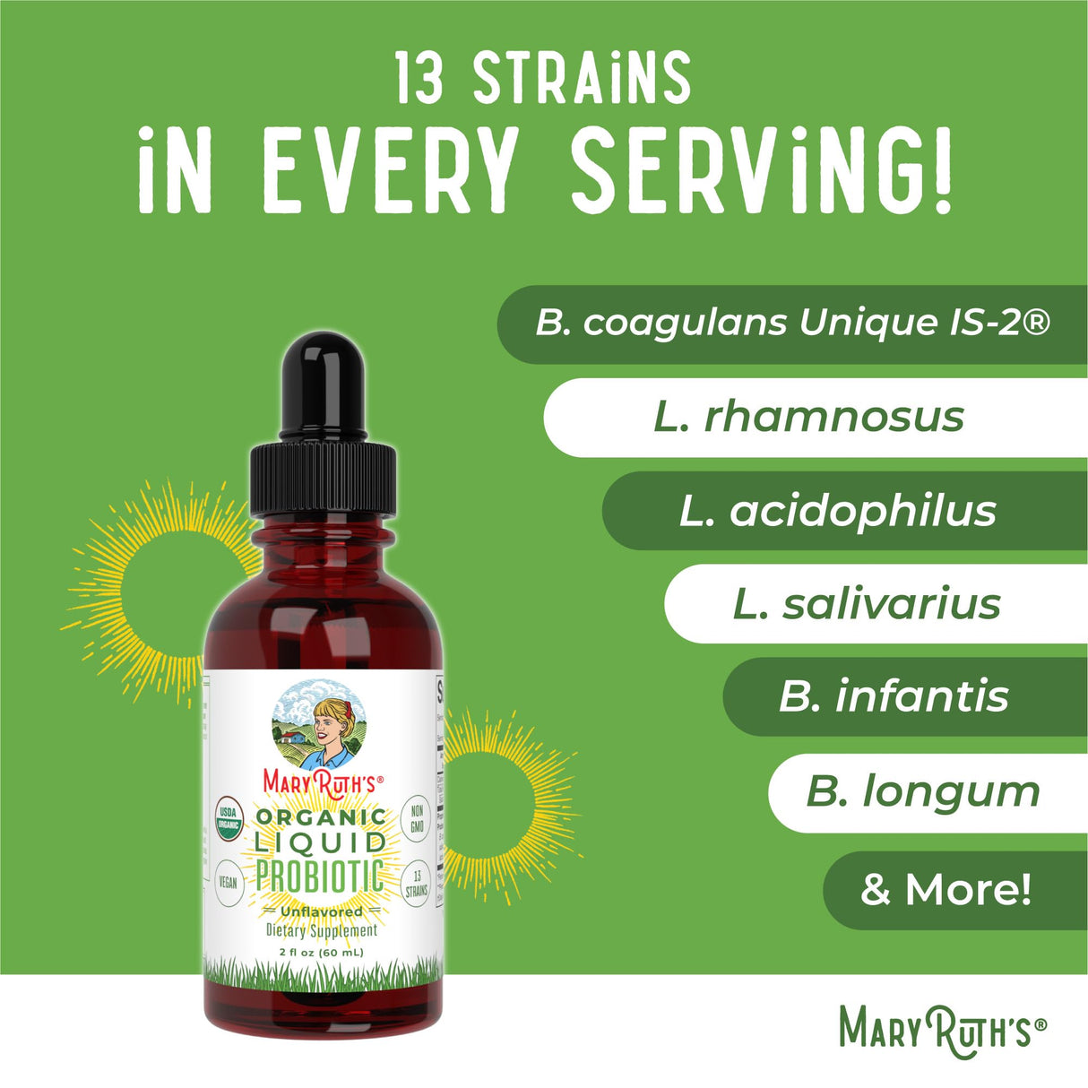 MARYRUTH'S Organics Liquid Probiotic for Ages 4+ | 2 Billion CFU | 13 Probiotic Strains | Gut Health & Digestive Support | Gas & Bloating Support | Vegan | Gluten Free | Travel-Friendly | 20 Servings