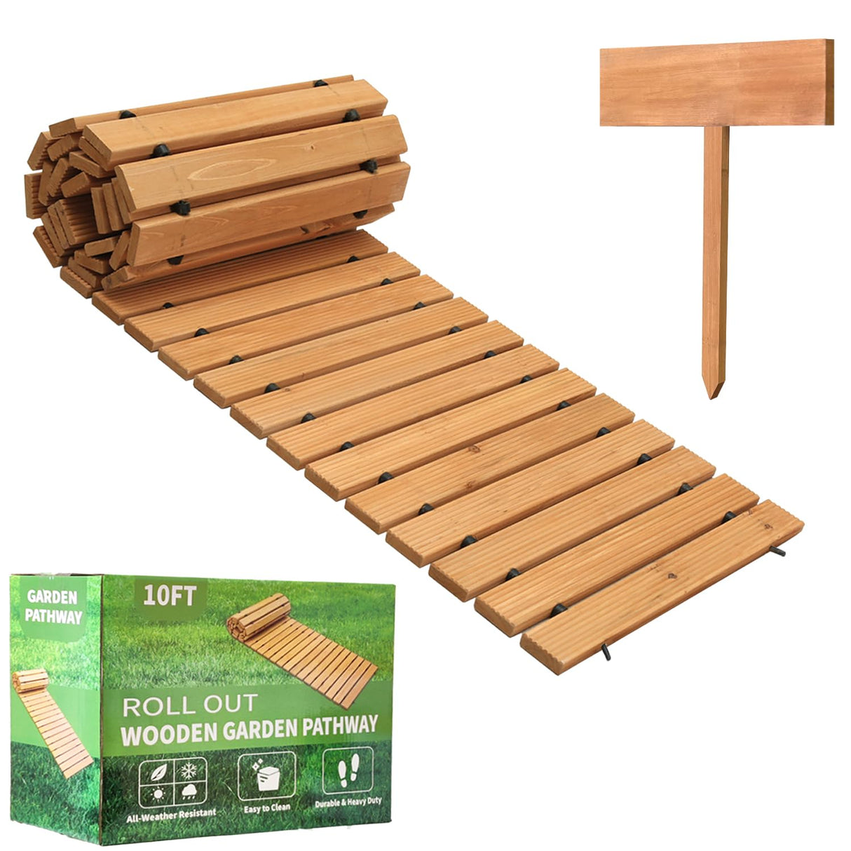 10FT Wooden Garden Pathway, Outdoor Roll Out Wooden Walkway Pathway Pavers