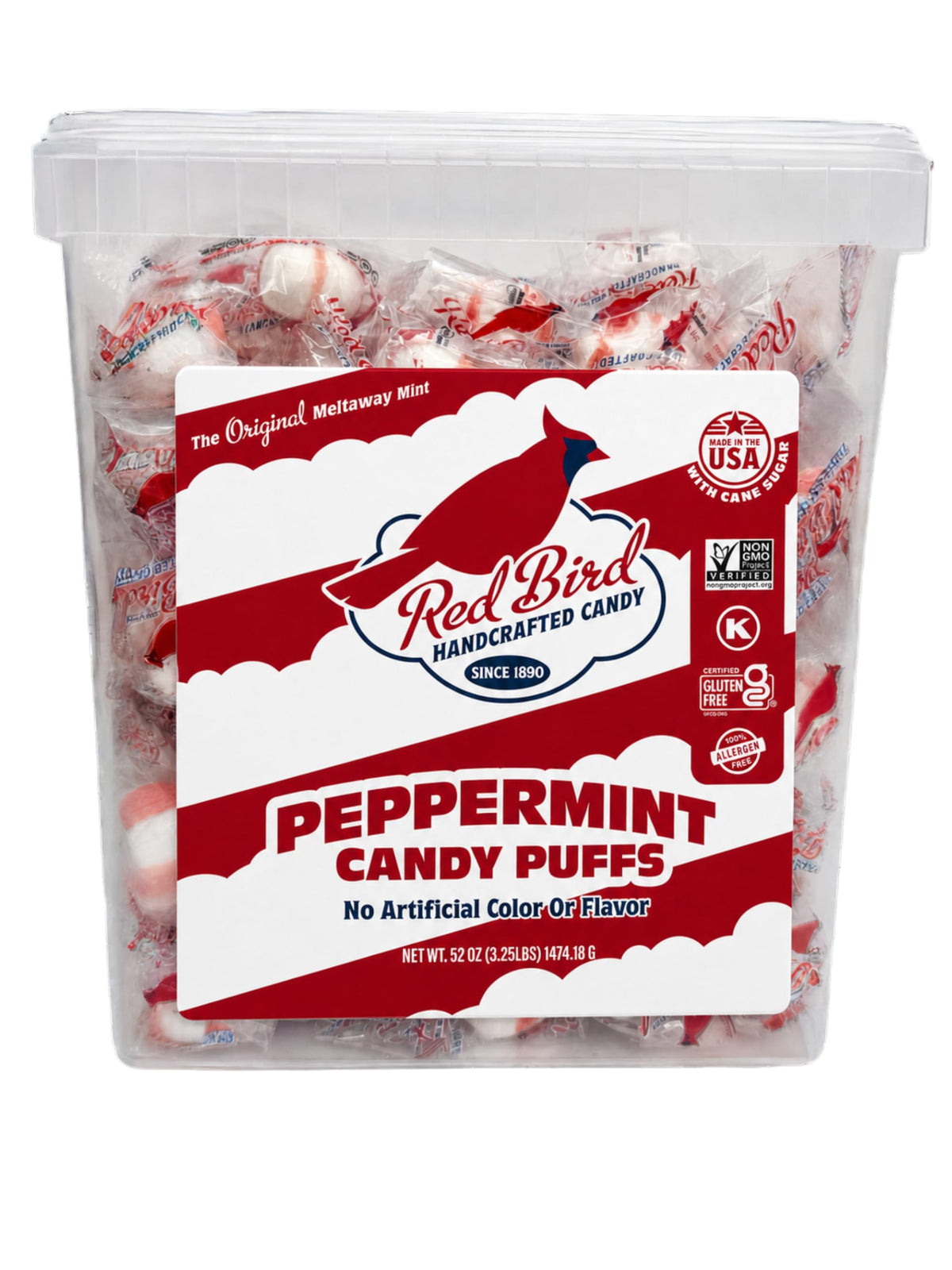 Red Bird Soft Peppermint Puffs, Soft Mints Individually Wrapped, 52 oz Tub