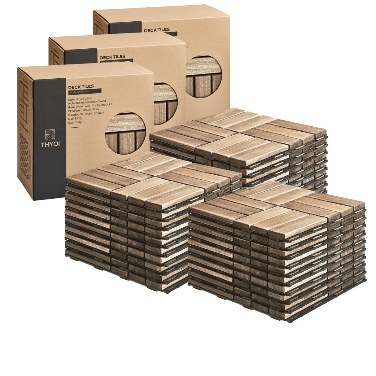 THYOI 30 Pcs Deck Tiles, Patio Flooring - Outdoor Waterproof Acacia Wood Tiles for All Weather Use - Balcony, Backyard, Indoor & Outdoor (White Crossed Pattern, 30 Square Ft)