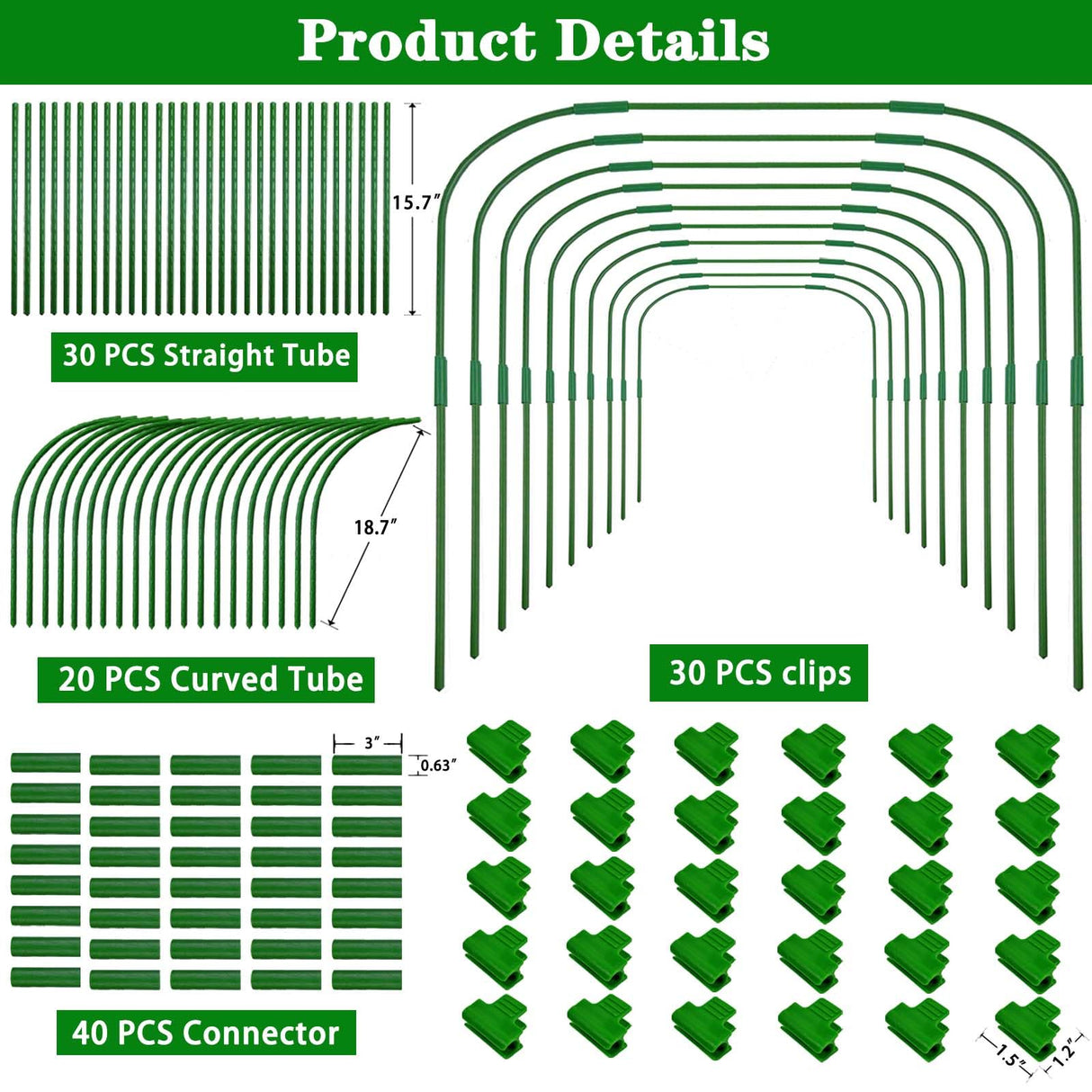 10 Sets Greenhouse Hoops Grow Tunnel-41.3" W x 31.5" H with 30 PCS Clamps,DIY Garden Hoop Plastic Rustproof Support Frame Garden Hoop Stakes for Plants Fruits Vegetables Raised Garden Beds Row Cover