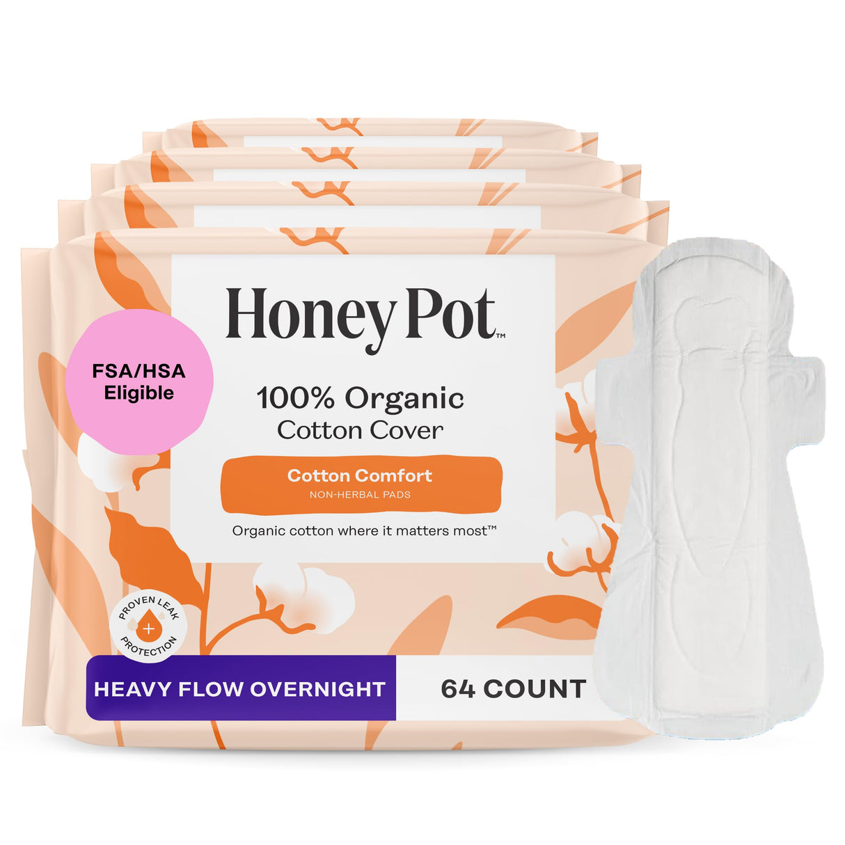 The Honey Pot Company - 64ct - Sanitary Pads for Women - Non-Herbal Heavy Overnight w/Wings - Organic Cotton Cover & Ultra-Absorbent Pulp Core - Feminine Care - FSA & HSA Eligible