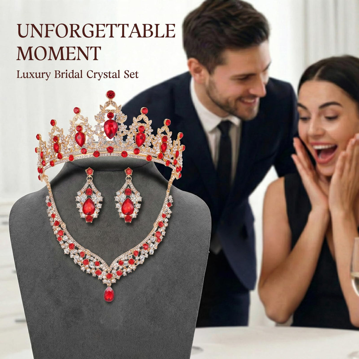 Geurlev Tiaras and Crowns for Women,Tiaras Earrings Necklace, Crystal Bridal Jewelry Set (Gold Red)