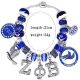 muiot Delicate ZETA sorority society Rhinestone Pendant Blue big hole Glass Bead Bracelet bangle