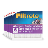 Filtrete 14x14x1 AC Furnace Air Filter, MERV 12, MPR 1500, CERTIFIED asthma & allergy friendly, 3 Month Pleated 1-Inch Electrostatic Air Cleaning Filter, 6-Pack (Actual Size 13.81x13.81x0.78 in)