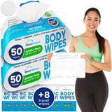 DuraCleanse Body Wipes for Adults Bathing No Rinse (2 Pack) 100 XL Shower Wipes + 8 Travel Bath Sheets - 9" x 12" Extra Thick Adult Disposable Washcloths for Elderly Incontinence & Camping Essentials