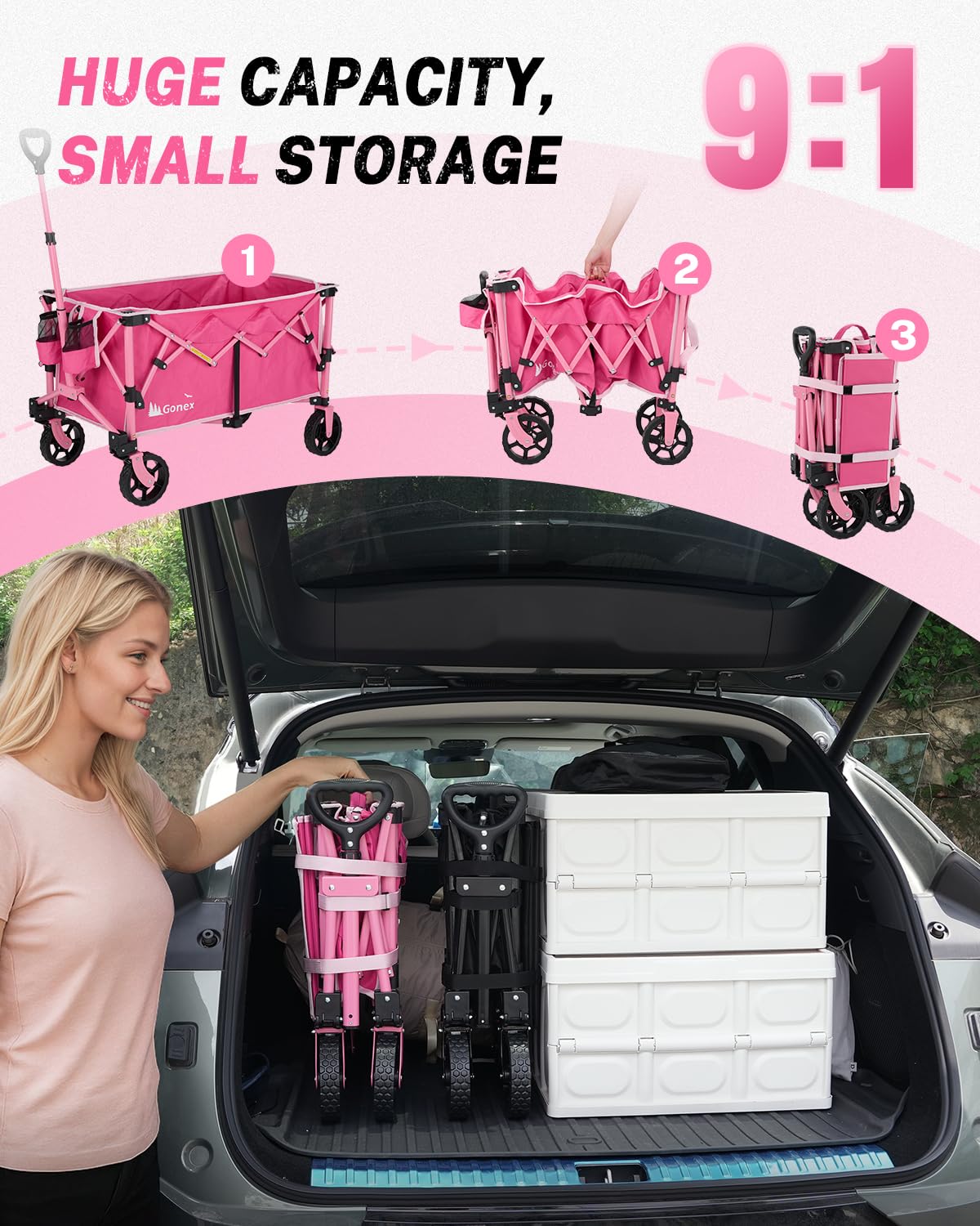 Gonex 38" L Collapsible Wagon Cart Foldable, 220L Folding Utility Cart Pink