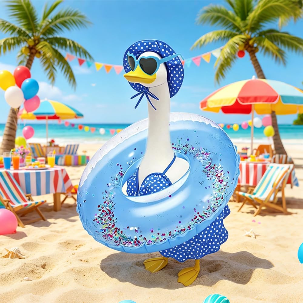 Hawaiian Porch Goose Outfits with Hat Sunglasses & Swim Ring, Summer Bikini Goose Swimsuit Clothes Costume Fits 23" Cement Geese Statue, Summer Garden Lawn Patio Yard Outdoor Decor (Summer style-Blue)