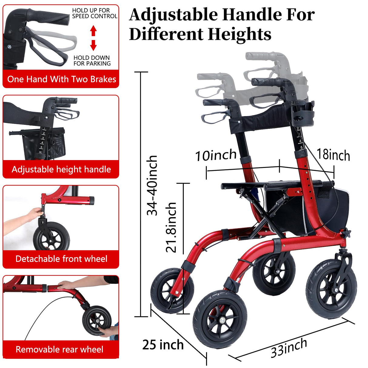 Rollator Walker for Seniors, Lightweight Foldable All Terrain Rolling Walker with seat, Aluminum Walkers with 10 inch Rubber Wheels, Handles and Backrest for Seniors and Adult