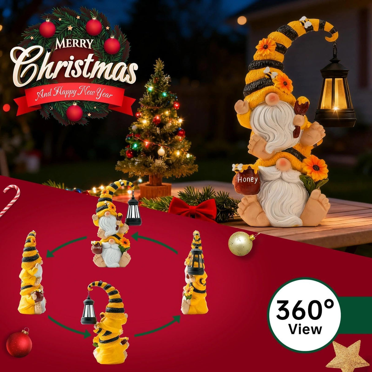 QZZP Solar Bee Garden Gnomes with LED Lantern – Waterproof Stacked Outdoor Decor for Yard, Patio – Unique Gnome Gift for Women, Mom, Grandma (Christmas Decor, Outdoor Statues)