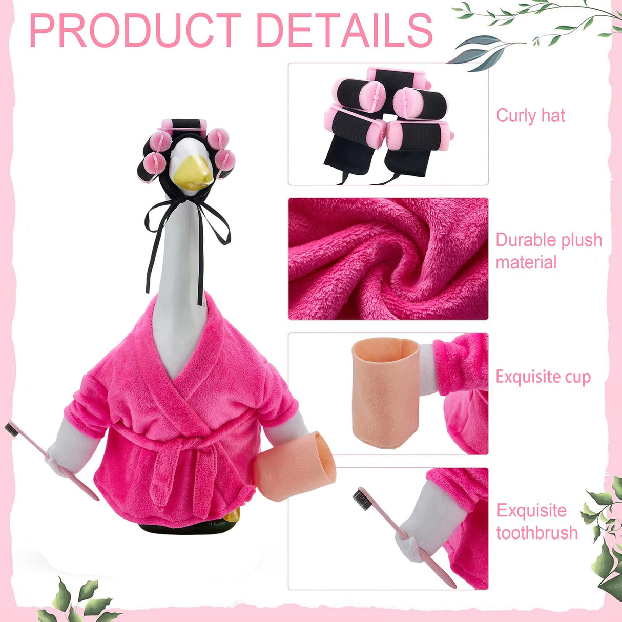 POZMTIORE Lady Porch Goose Outfit Set for 23'' Cement Plastic Lawn Goose Statue Bathrobe, Hair Rollers, Toothbrush & Cup for Garden Yard Decor (Rose Red)