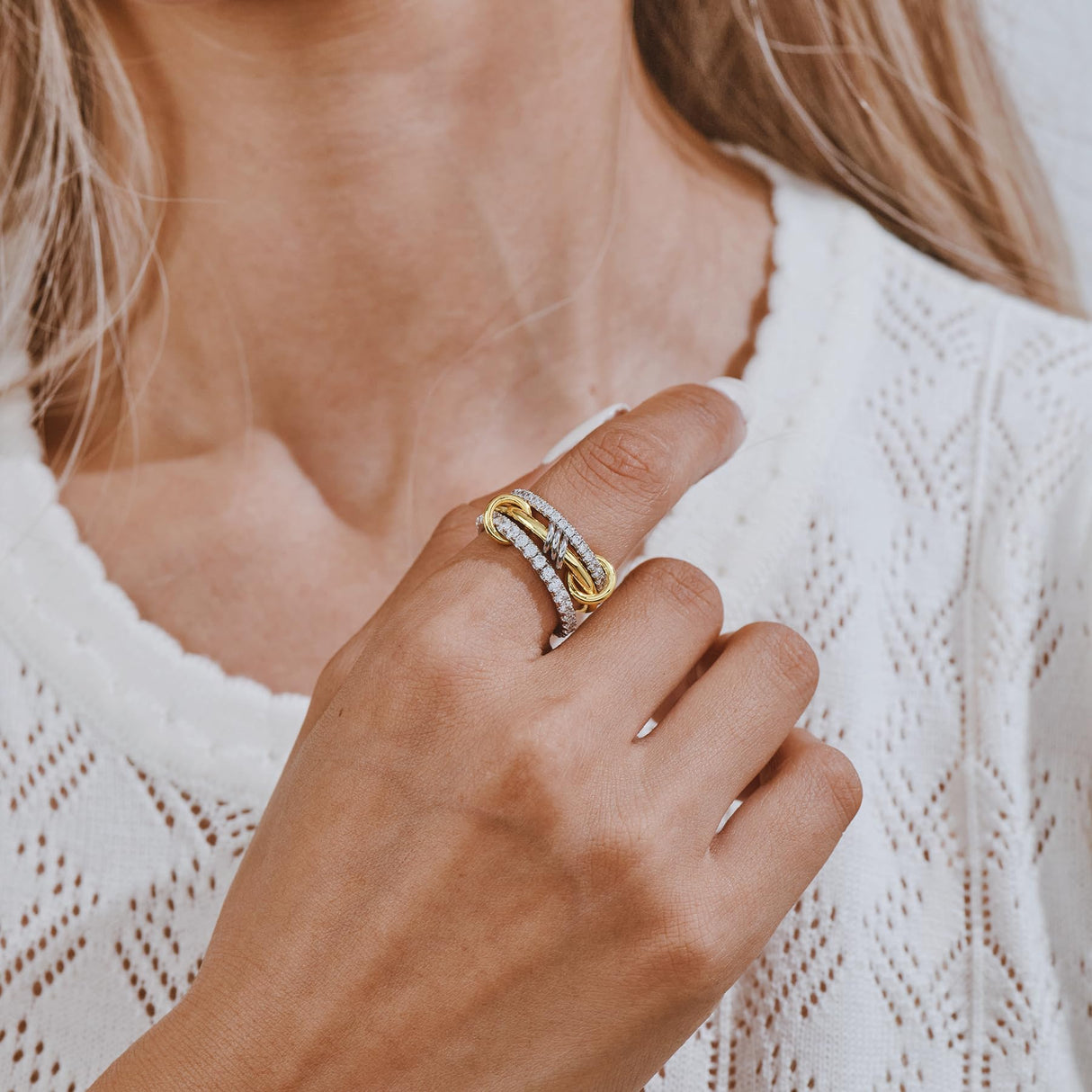 AllenCOCO 14K Gold & White Gold Plated Stackable Rings, Interlocking 3-Band Ring Set with Cubic Zirconia for Women Statement Size 7