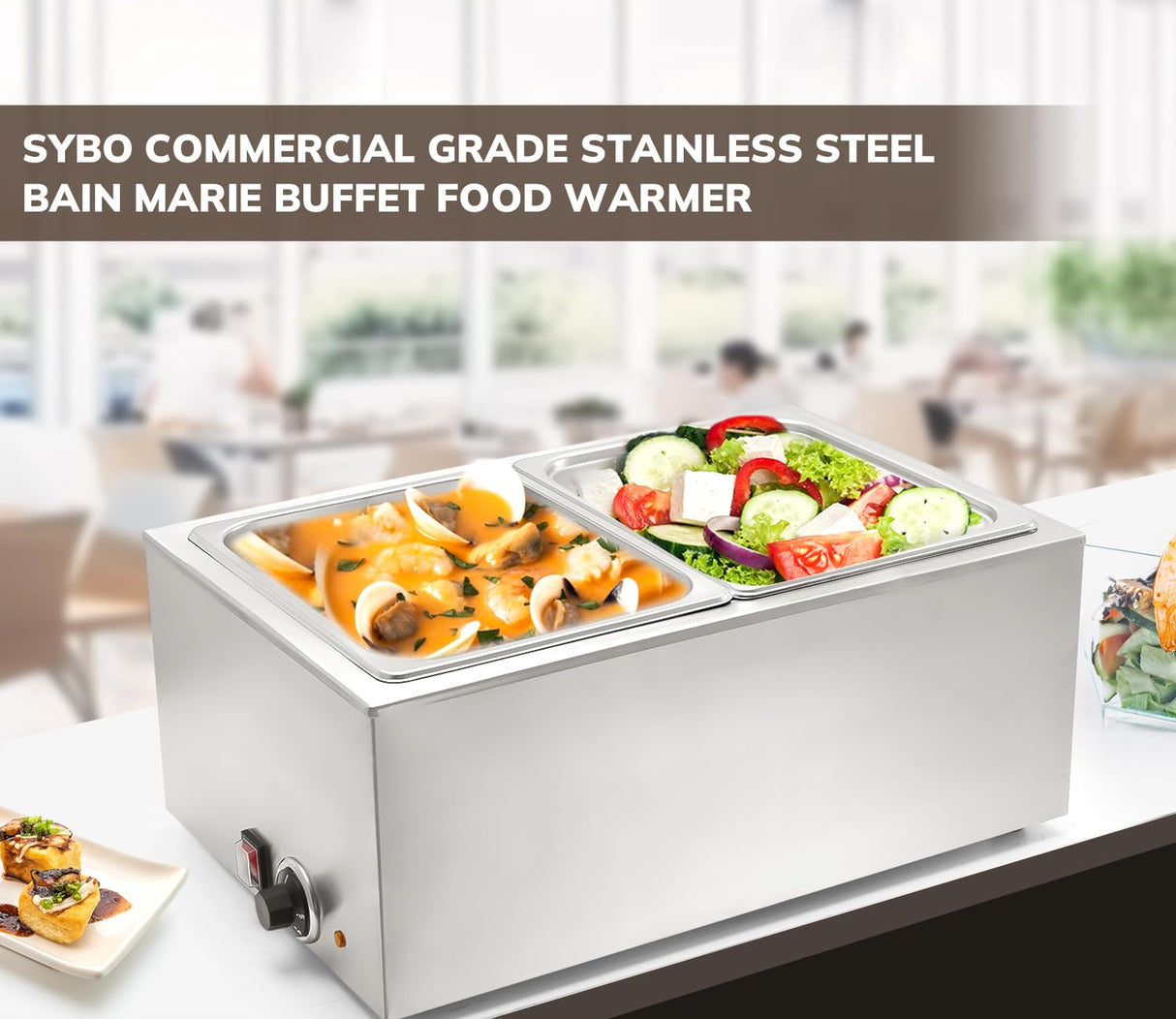 SYBO Commercial Grade Stainless Steel Bain Marie Buffet Food Warmer Steam Table for Catering and Restaurants (2 Sections)