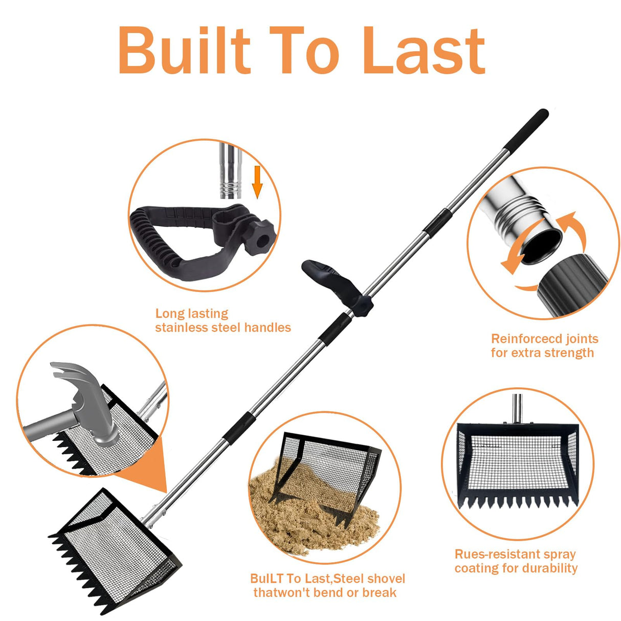 12" Metal Chicken Poop Scooper Rake for Sand with 24 to 68" Handle, Adjustable Chicken Poop Scooper for Poop,Wide 10”Poop Shovel Cleaning Tools, Heavy Duty Sifting Shovel (Black Max)