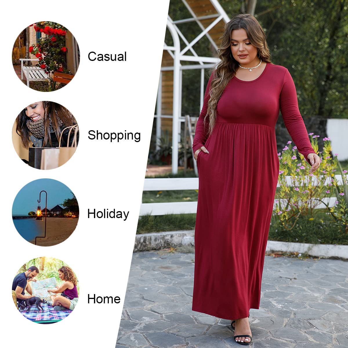 LONGYUAN Women Plus Size Dresses Christmas Casual Long Sleeve Comfy Maternity Dress with Pockets Burgundy 2XL
