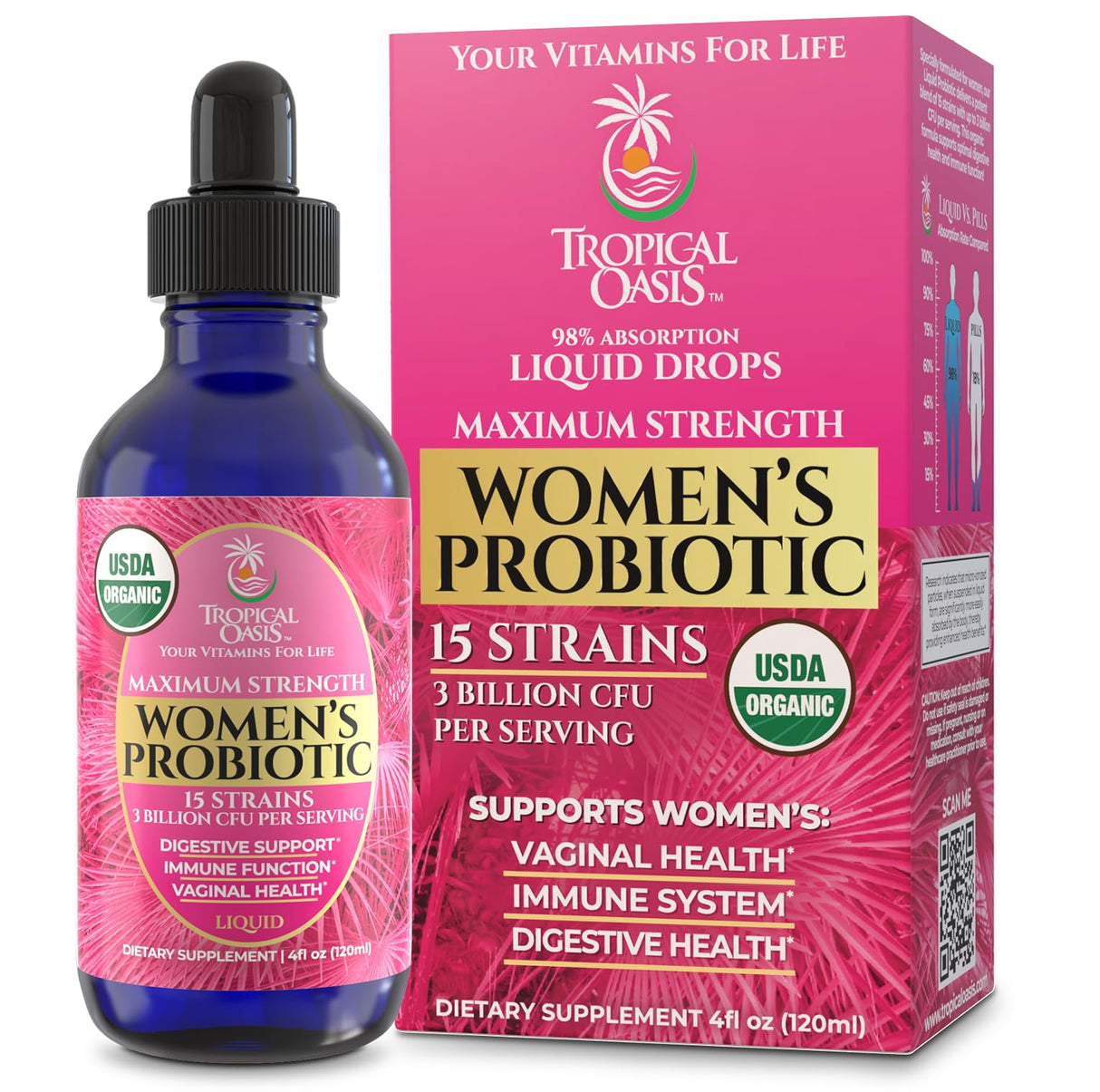 USDA Organic Liquid Probiotic for Women | PH Balance, UT, & Feminine Health | Digestive Support, Immune & Gut Health | 15 Clinically Studied Strains | 98% Absorption | Vegan, Non-GMO | 40 Servings