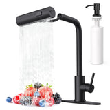 AVSIILE Matte Black Waterfall Kitchen Faucets with Pull Down Sprayer & Soap Dispenser, Single Hole & Handle, Pull Out Tap, Stainless Steel Sink Faucet, Suitable for Farmhouse Camper Laundry Rv Bar
