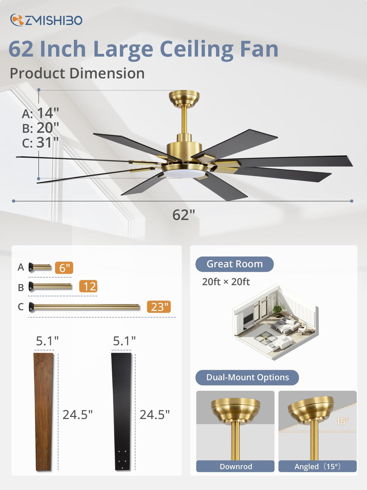 ZMISHIBO 80 Inch Black and Gold Ceiling Fans with Lights and Remote, Indoor/Outdoor Ceiling Fan for Patio Living Room, 6 Speed Reversible Quiet DC Motor, 3 CCT, Dual Finish Blades