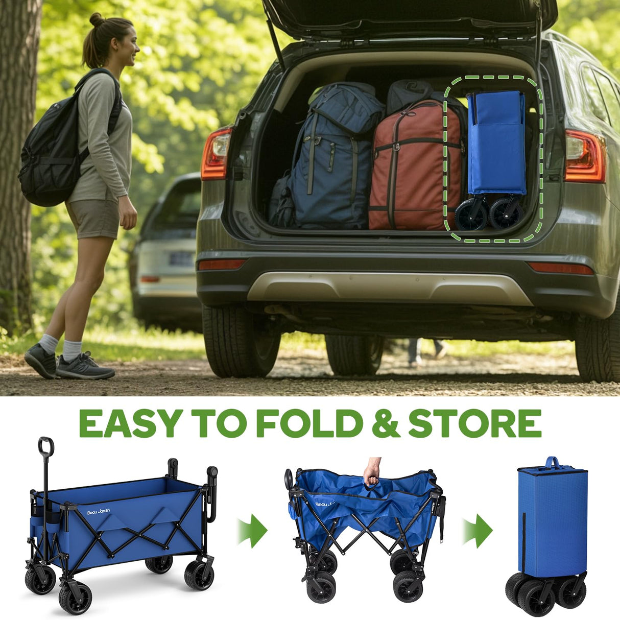 BEAU JARDIN Folding Push & Pull Beach Wagon 500 lbs Collapsible Foldable Wagons with Push Handle All Terrain Wheels Grocery Utility Camping Skiing Ice Fishing Sports Garden Wagon Cart Blue