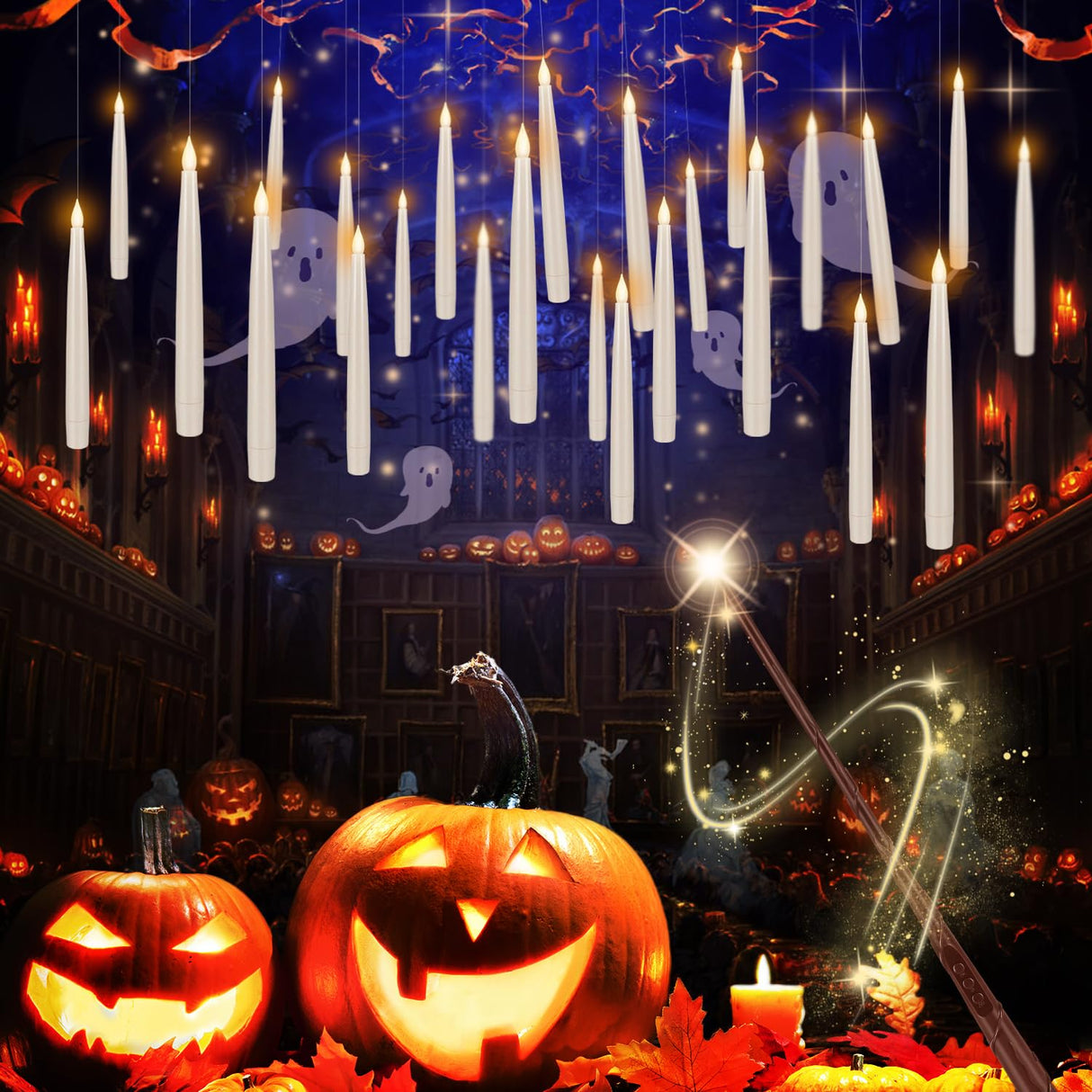 24 Pcs Halloween LED Magic Hanging Floating Candles, Taper Flickering Flameless with 2 Magic Wands - Candle Set for Halloween, Christmas, Weddings, Birthdays & Fantasy Ambiance...