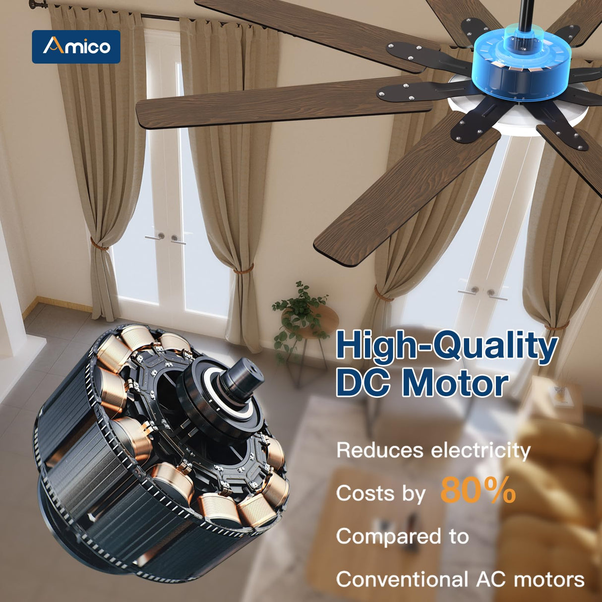 Amico 100 Inch 8 Aluminum Blades Ceiling Fans with Lights, Indoor/Outdoor Black Ceiling Fan with Remote Control, Reversible DC Motor, 3CCT, Dimmable,Ceiling Fan for Bedroom, Patio,Living Room