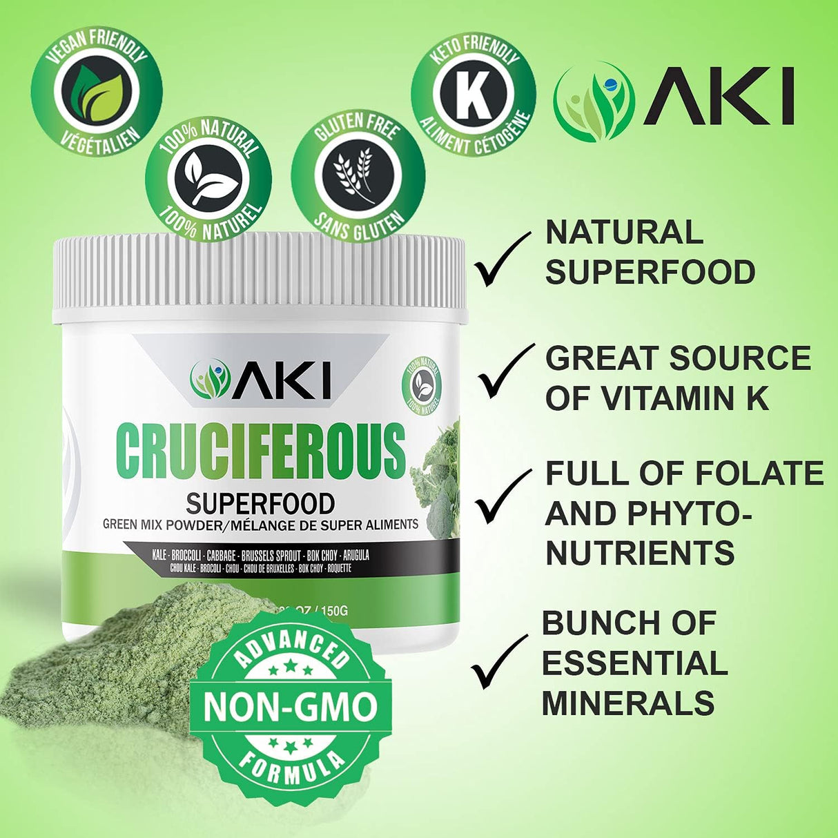 AKI Cruciferous Superfood Green Mix Powder - Made from Kale, Broccoli, Brussels Sprouts, Cabbage - Packed with Essential Phytonutrients & Vitamins ((5.3oz/150g))