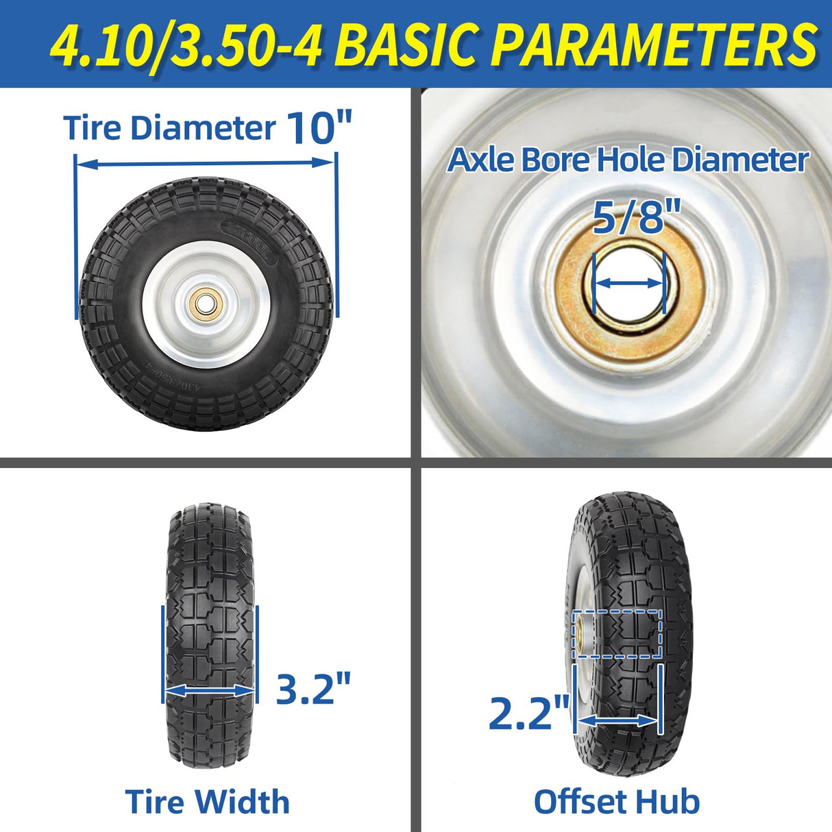 GICOOL 4.10/3.50-4" Flat Free Tire and Wheel, 10" Heavy Duty Solid Tire, 5/8" Axle Bore Hole, 2.2" Offset Hub, for Hand Truck Garden Cart Wagon Trolley Dolly Replacement, 2 Pack