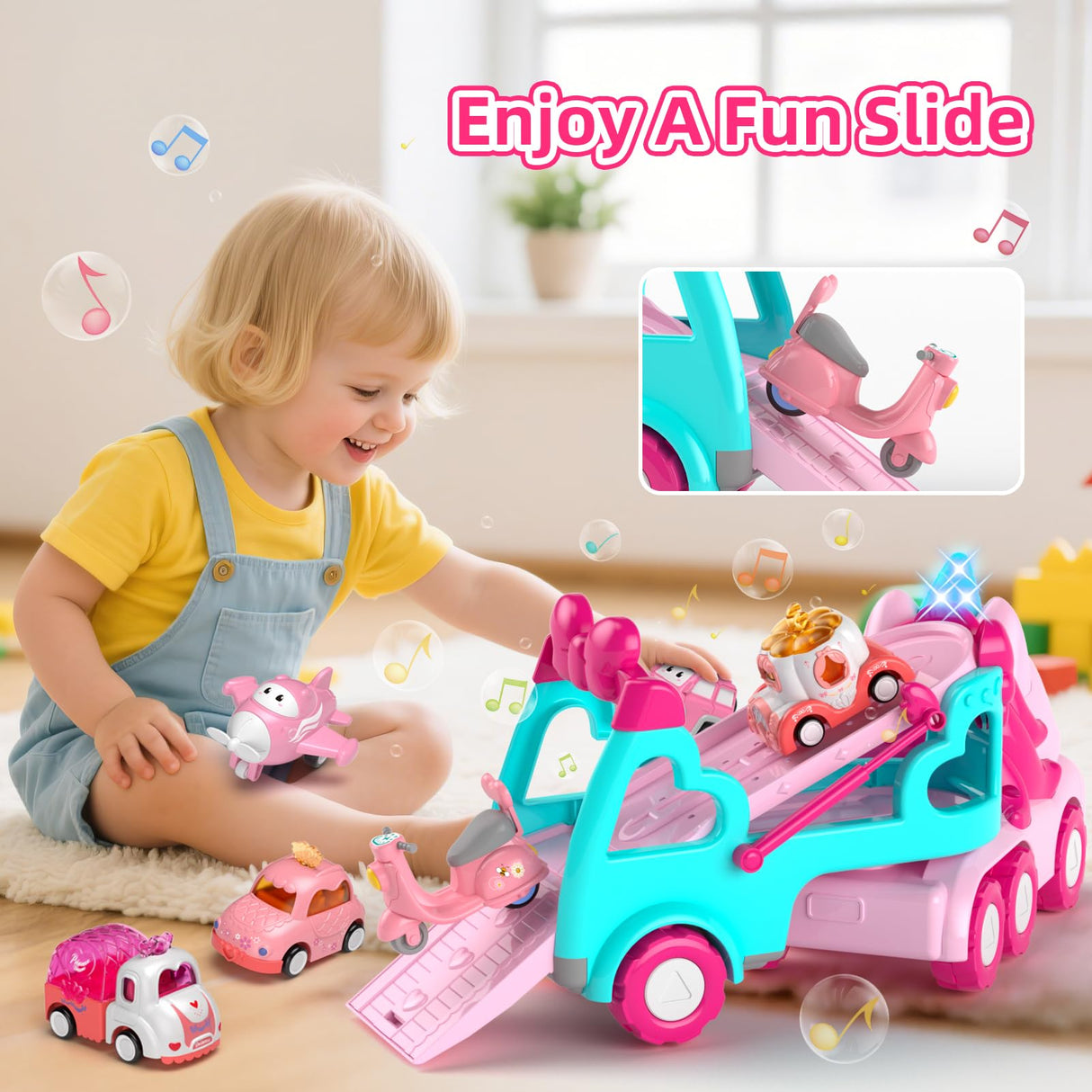 newcrave 7 in 1 Carrier Truck Cars Toys for 1 2 3 Year Old Girls, Toddlers Girl Toy with 6 Mini Cars, Princess Girl Car Toys Age 1 2 with Light & Music, 2+ Year Old Girls Gifts for Christmas Birthday