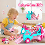 newcrave 7 in 1 Carrier Truck Cars Toys for 1 2 3 Year Old Girls, Toddlers Girl Toy with 6 Mini Cars, Princess Girl Car Toys Age 1 2 with Light & Music, 2+ Year Old Girls Gifts for Christmas Birthday