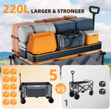 Strolking 220L Collapsible Wagon Cart, 39" L Extended Frame and 440Lbs Heavy Duty, Lightweight 15lbs Folding Garden Cart with Silent All-Terrain Wheels for Beach, Camping Grass and Grocery, Grey
