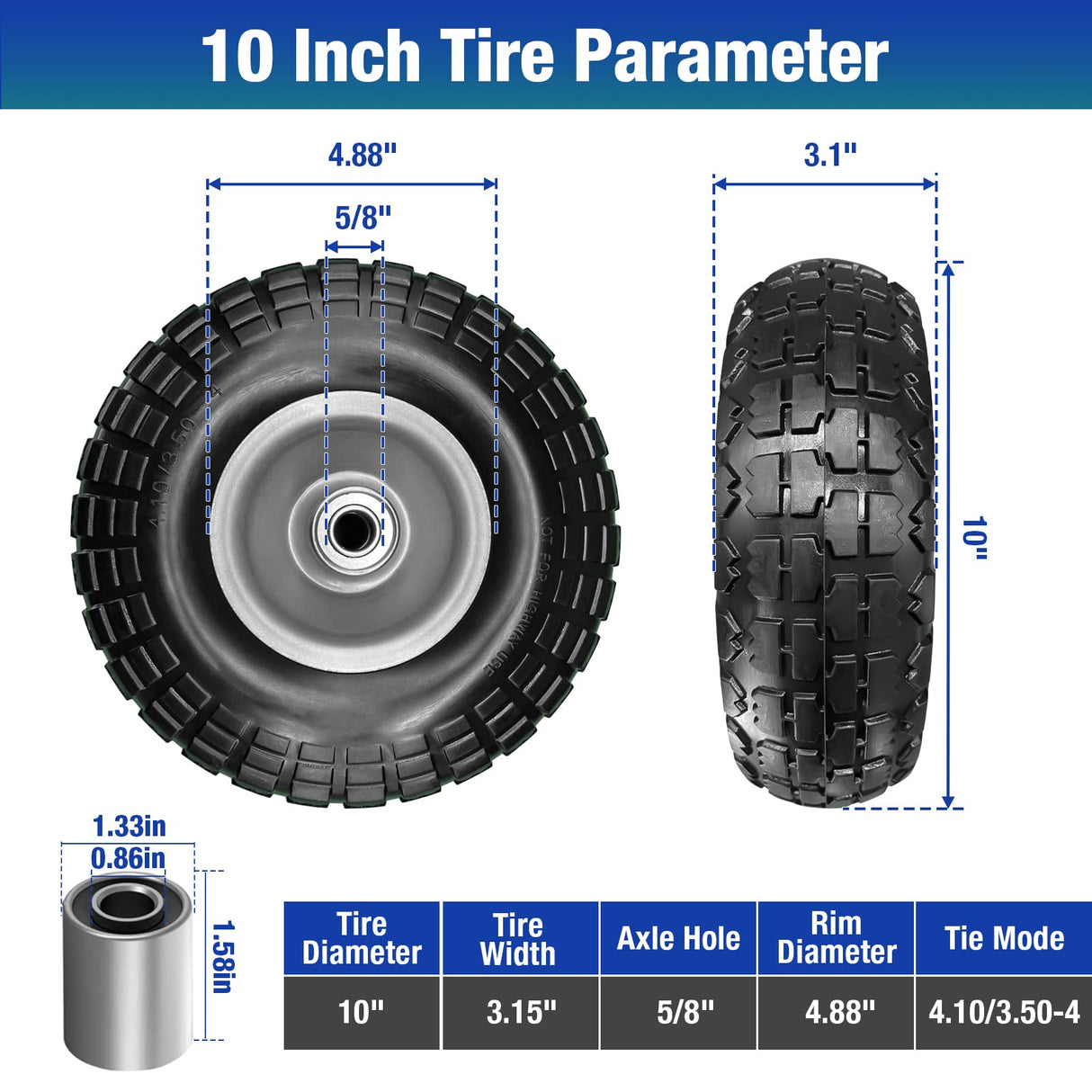 4 Pcs 4.10/3.50-4 Flat Free Tires and Dolly Wheel,10" Solid Non-inflated Tires Wheels with 5/8 Ball Bearings, 2.24" Offset Hub for Wheelbarrow, Wagon Carts, Trolley, Hand Truck, Various Tool Carts