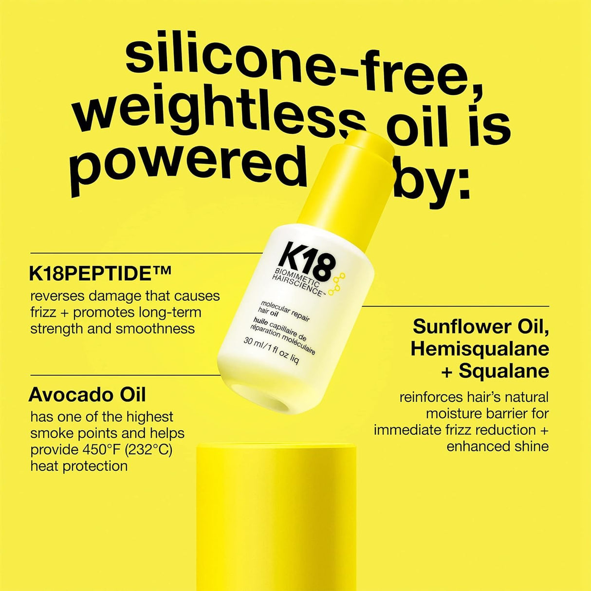 K18 Molecular Repair Hair Oil, Weightless Oil for Stronger, Healthier Hair, Suitable For All Hair Types, 1 Fl Oz