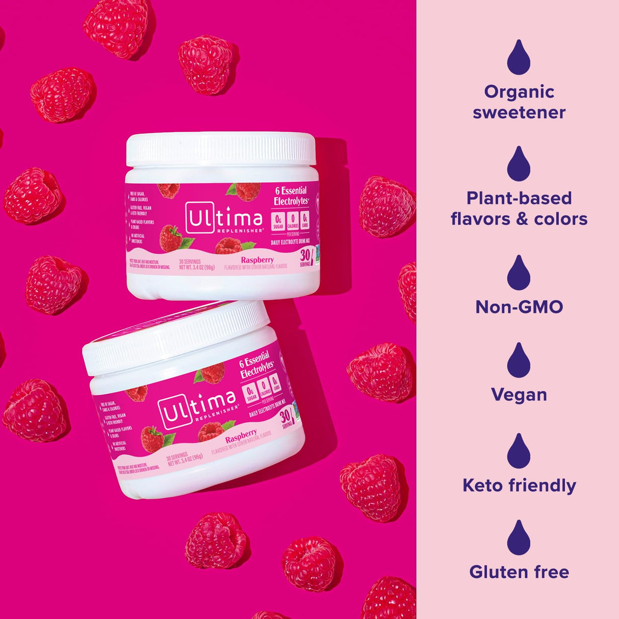 Ultima Replenisher Daily Electrolyte Powder Drink Mix – Sugar Free – Raspberry, 30 Servings – Hydration Powder with 6 Key Electrolytes and Trace Minerals – Keto Friendly, Vegan, Non-GMO