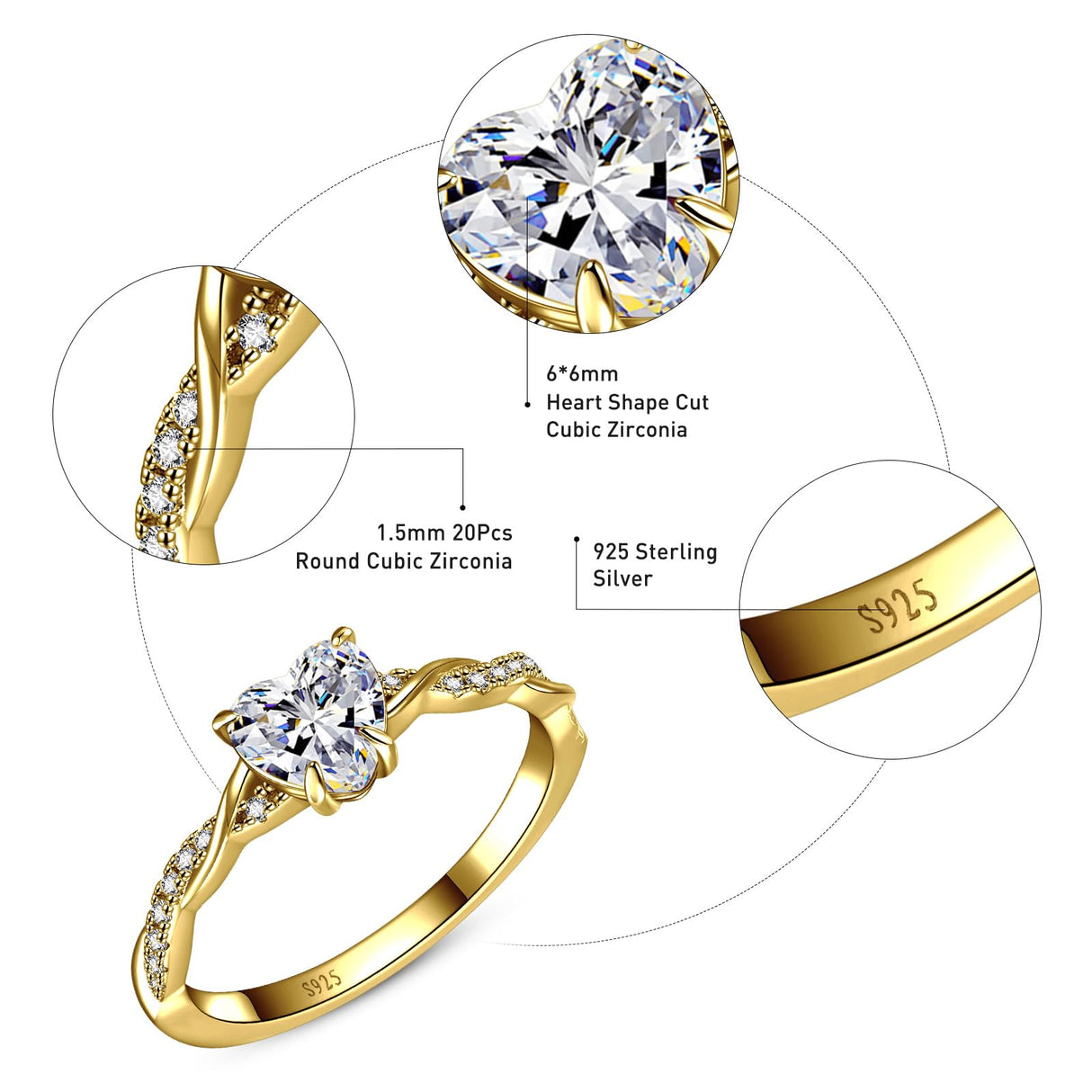 Yaresul 925 Sterling Silver Promise Ring for Her, Gold Heart Rings Size 7